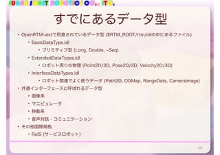 SUGAR SWEET ROBOTICS CO., LTD.
すでにあるデータ型
• OpenRTM-aistで用意されているデータ型 ($RTM_ROOT/rtm/idlの中にあるファイル)
• BasicDataType.idl
• プリミティブ型 (Long, Double, Seq)
• ExtendedDataTypes.idl
• ロボット周りの物理 (Point2D/3D, Pose2D/3D, Velocity2D/3D)
• InterfaceDataTypes.idl
• ロボット関連でよく使うデータ (Path2D, OGMap, RangeData, CameraImage)
• 共通インターフェースと呼ばれるデータ型
• 画像系
• マニピュレータ
• 移動系
• 音声対話・コミュニケーション
• その他国際規格
• RoIS (サービスロボット)
60
 