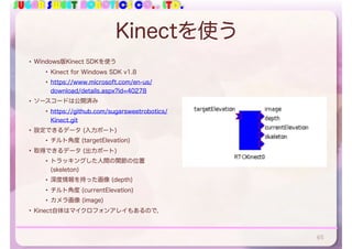 SUGAR SWEET ROBOTICS CO., LTD.
Kinectを使う
• Windows版Kinect SDKを使う
• Kinect for Windows SDK v1.8
• https://www.microsoft.com/en-us/
download/details.aspx?id=40278
• ソースコードは公開済み
• https://github.com/sugarsweetrobotics/
Kinect.git
• 設定できるデータ (入力ポート)
• チルト角度 (targetElevation)
• 取得できるデータ (出力ポート)
• トラッキングした人間の関節の位置
(skeleton)
• 深度情報を持った画像 (depth)
• チルト角度 (currentElevation)
• カメラ画像 (image)
• Kinect自体はマイクロフォンアレイもあるので，
65
 