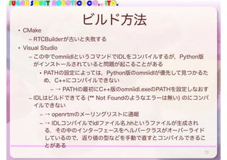 SUGAR SWEET ROBOTICS CO., LTD.
ビルド方法
• CMake
– RTCBuilderが古いと失敗する
• Visual Studio
– この中でomniidlというコマンドでIDLをコンパイルするが，Python版
がインストールされていると問題が起こることがある
• PATHの設定によっては，Python版のomniidlが優先して見つかるた
め，C++にコンパイルできない
– → PATHの最初にC++版のomniidl.exeのPATHを設定しなおす
– IDLはビルドできてる (** Not Foundのようなエラーは無い) のにコンパ
イルできない
– → openrtmのメーリングリストに通報
– → IDLコンパイルでidlファイル名.hhというファイルが生成され
る．その中のインターフェースをヘルパークラスがオーバーライド
しているので，返り値の型などを手動で直すとコンパイルできるこ
とがある
72
 