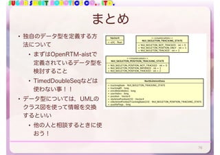 SUGAR SWEET ROBOTICS CO., LTD.
まとめ
• 独自のデータ型を定義する方
法について
• まずはOpenRTM-aistで
定義されているデータ型を
検討すること
• TimedDoubleSeqなどは
使わない事！！
• データ型については，UMLの
クラス図を使って情報を交換
するといい
• 他の人と相談するときに使
おう！
76
 