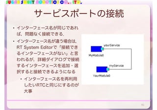 SUGAR SWEET ROBOTICS CO., LTD.
サービスポートの接続
• インターフェース名が同じであれ
ば，問題なく接続できる．
• インターフェース名が違う場合は，
RT System Editorで「接続でき
るインターフェースがない」と言
われるが，詳細ダイアログで接続
するインターフェースを追加・選
択すると接続できるようになる
• インターフェース名を再利用
したいRTCと同じにするのが
大事
91
 