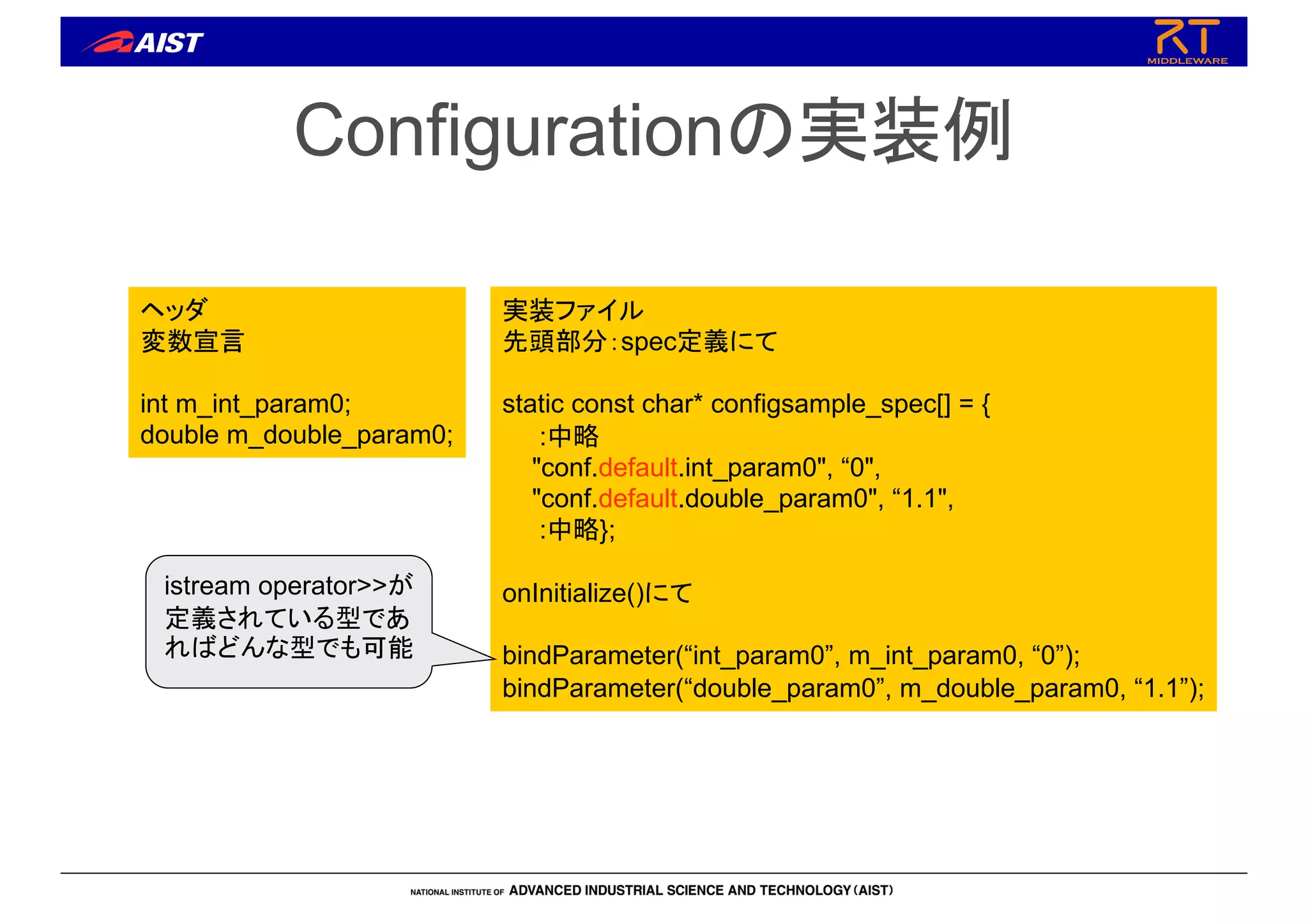 Configurationの実装例
ヘッダ
変数宣言
int m_int_param0;
double m_double_param0;
実装ファイル
先頭部分：spec定義にて
static const char* configsample_spec[] = {
:中略
"conf.default.int_param0", “0",
"conf.default.double_param0", “1.1",
:中略};
onInitialize()にて
bindParameter(“int_param0”, m_int_param0, “0”);
bindParameter(“double_param0”, m_double_param0, “1.1”);
istream operator>>が
定義されている型であ
ればどんな型でも可能
 