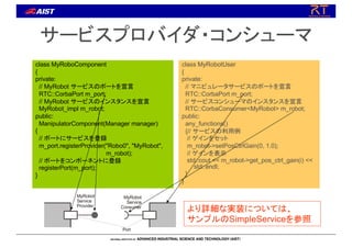 サービスプロバイダ・コンシューマ
class MyRoboComponent
{
private:
// MyRobot サービスのポートを宣言
RTC::CorbaPort m_port;
// MyRobot サービスのインスタンスを宣言
MyRobot_impl m_robot;
public:
ManipulatorComponent(Manager manager)
{
// ポートにサービスを登録
m_port.registerProvider("Robo0", "MyRobot",
m_robot);
// ポートをコンポーネントに登録
registerPort(m_port);
}
class MyRobotUser
{
private:
// マニピュレータサービスのポートを宣言
RTC::CorbaPort m_port;
// サービスコンシューマのインスタンスを宣言
RTC::CorbaConsumer<MyRobot> m_robot;
public:
any_functions()
{// サービスの利用例
// ゲインをセット
m_robot->setPosCtrlGain(0, 1.0);
// ゲインを表示
std::cout << m_robot->get_pos_ctrl_gain(i) <<
std::endl;
}
}
MyRobot
Service
Provider
MyRobot
Service
Consumer
Port
より詳細な実装については、
サンプルのSimpleServiceを参照
 