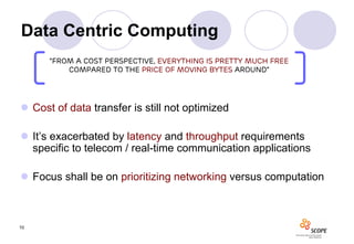 Data Centric Computing
      “From a cost perspective, everything is pretty much free
          compared to the price of moving bytes around”




 Cost of data transfer is still not optimized

 It’s exacerbated by latency and throughput requirements
  specific to telecom / real-time communication applications

 Focus shall be on prioritizing networking versus computation



10
 