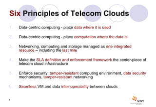 Six Principles of Telecom Clouds
1.   Data-centric computing - place data where it is used

2.   Data-centric computing - place computation where the data is

3.   Networking, computing and storage managed as one integrated
     resource – including the last mile

4.   Make the SLA definition and enforcement framework the center-piece of
     telecom cloud infrastructure

5.   Enforce security: tamper-resistant computing environment, data security
     mechanisms, tamper-resistant networking

6.   Seamless VM and data inter-operability between clouds


9
 