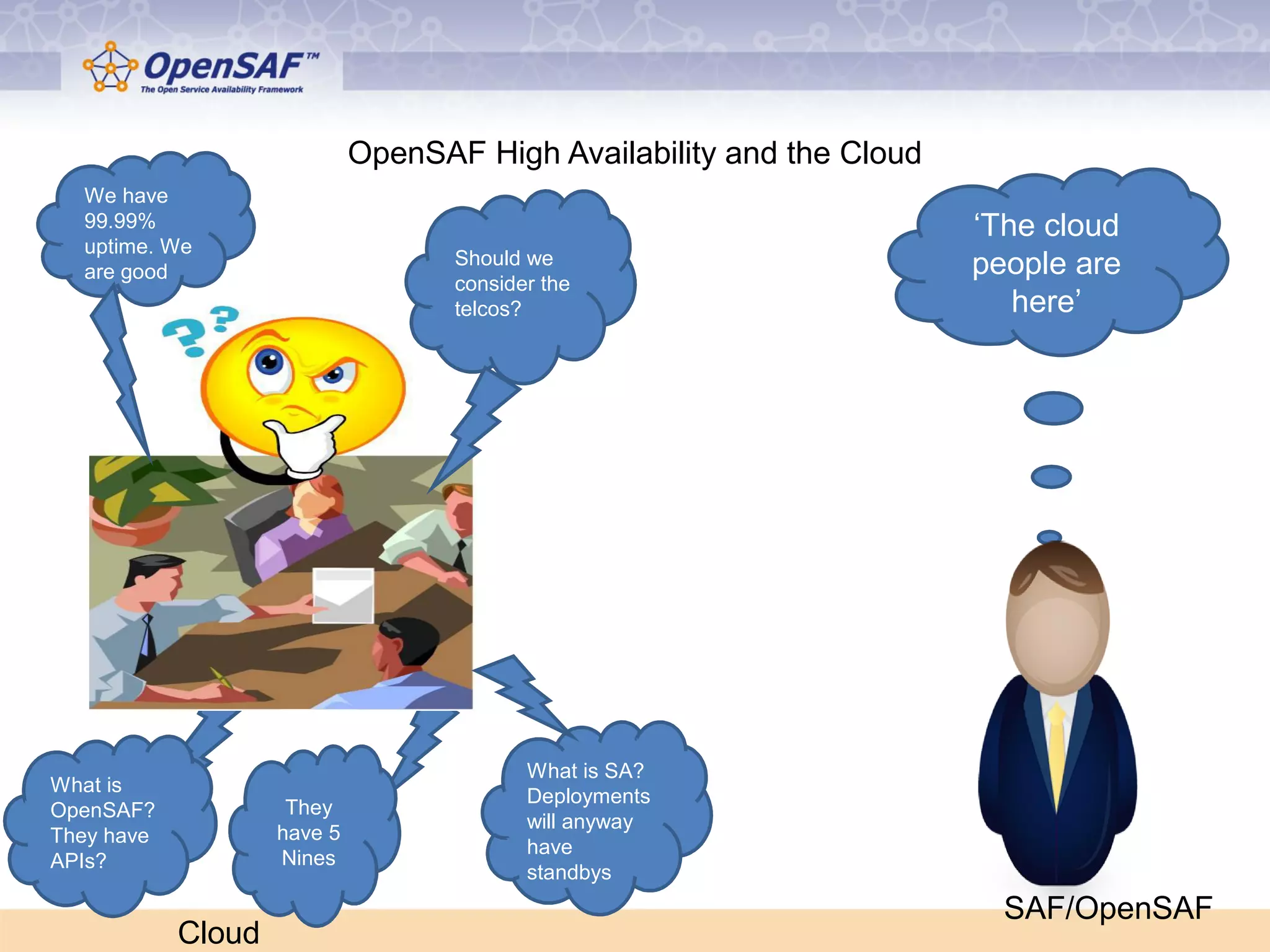 OpenSAF High Availability and the Cloud 
‘The cloud 
people are 
here’ 
They 
have 5 
Nines 
What is 
OpenSAF? 
They have 
APIs? 
Should we 
consider the 
telcos? 
We have 
99.99% 
uptime. We 
are good 
What is SA? 
Deployments 
will anyway 
have 
standbys 
SAF/OpenSAF 
Cloud 
 
