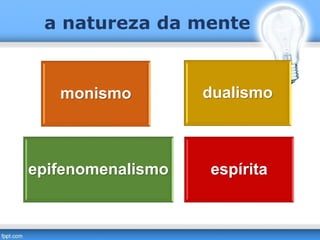 dualismomonismo
epifenomenalismo espírita
a natureza da mente
 
