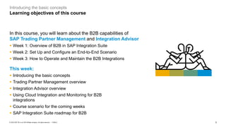 2
PUBLIC
© 2023 SAP SE or an SAP affiliate company. All rights reserved. ǀ
Introducing the basic concepts
Learning objectives of this course
In this course, you will learn about the B2B capabilities of
SAP Trading Partner Management and Integration Advisor
▪ Week 1: Overview of B2B in SAP Integration Suite
▪ Week 2: Set Up and Configure an End-to-End Scenario
▪ Week 3: How to Operate and Maintain the B2B Integrations
This week:
▪ Introducing the basic concepts
▪ Trading Partner Management overview
▪ Integration Advisor overview
▪ Using Cloud Integration and Monitoring for B2B
integrations
▪ Course scenario for the coming weeks
▪ SAP Integration Suite roadmap for B2B
 