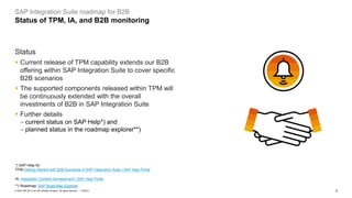 3
PUBLIC
© 2023 SAP SE or an SAP affiliate company. All rights reserved. ǀ
*) SAP Help for
TPM:Getting Started with B2B Scenarios in SAP Integration Suite | SAP Help Portal
IA: Integration Content Development | SAP Help Portal
**) Roadmap: SAP Road Map Explorer
SAP Integration Suite roadmap for B2B
Status of TPM, IA, and B2B monitoring
Status
▪ Current release of TPM capability extends our B2B
offering within SAP Integration Suite to cover specific
B2B scenarios
▪ The supported components released within TPM will
be continuously extended with the overall
investments of B2B in SAP Integration Suite
▪ Further details
− current status on SAP Help*) and
− planned status in the roadmap explorer**)
 