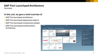 10
PUBLIC
© 2017 SAP SE or an SAP affiliate company. All rights reserved. ǀ
In this unit, we gave a brief overview of
▪ SAP Fiori launchpad architecture
▪ SAP Fiori launchpad deployment options
▪ SAP Fiori launchpad components needed
▪ SAP Fiori launchpad building blocks
architecture
SAP Fiori Launchpad Architecture
Summary
 