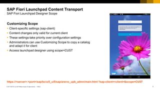 7
PUBLIC
© 2017 SAP SE or an SAP affiliate company. All rights reserved. ǀ
SAP Fiori Launchpad Content Transport
SAP Fiori Launchpad Designer Scope
Customizing Scope
▪ Client-specific settings (sap-client)
▪ Content changes only valid for current client
▪ These settings take priority over configuration settings
▪ Administrators can use Customizing Scope to copy a catalog
and adapt it for client
▪ Access launchpad designer using scope=CUST
https://<server>:<port>/sap/bc/ui5_ui5/sap/arsrvc_upb_admn/main.html ?sap-client=<client>&scope=CUST
 