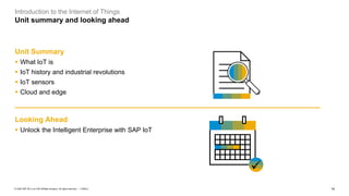 14PUBLIC© 2020 SAP SE or an SAP affiliate company. All rights reserved. ǀ
Unit Summary
▪ What IoT is
▪ IoT history and industrial revolutions
▪ IoT sensors
▪ Cloud and edge
Introduction to the Internet of Things
Unit summary and looking ahead
Looking Ahead
▪ Unlock the Intelligent Enterprise with SAP IoT
✓
 