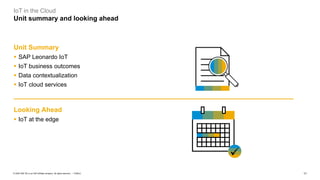 11PUBLIC© 2020 SAP SE or an SAP affiliate company. All rights reserved. ǀ
IoT in the Cloud
Unit summary and looking ahead
Unit Summary
▪ SAP Leonardo IoT
▪ IoT business outcomes
▪ Data contextualization
▪ IoT cloud services
Looking Ahead
▪ IoT at the edge
✓
 