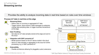 8PUBLIC© 2020 SAP SE or an SAP affiliate company. All rights reserved. ǀ
IoT at the Edge
Streaming service
Provides the ability to analyze incoming data in real time based on rules over time windows
* SAP Cloud Platform Internet of Things for the Cloud Foundry Environment
Essential
Business
Functions
Service
Streaming
Service
SAP Cloud
Platform
IoT Service*
SAP Edge
Services
Policy Service
Persistence
Service
Custom
Edge
Service
IoT Gateway or Edge Server
Sensors and Devices
Cloud
Edge
Process IoT data in real time at the edge
▪ Streaming Rules
− Define rules on incoming or aggregated IoT data
− Trigger actions: Send events or field messages to endpoints,
change data sampling rates, or trigger business transactions
at the edge
▪ Data Throttling
− Set rates for IoT data samples stored at the edge and sent to
the cloud
▪ Integration with SAP Leonardo IoT
− Model sensors based on the IoT device model in the cloud
− Send IoT data samples or aggregates to the cloud for further
processing, e.g. in SAP Leonardo IoT
▪ Extensibility
− Flexible architecture allowing for pluggable custom extensions
 