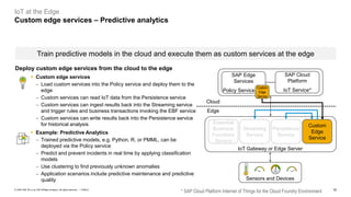 10PUBLIC© 2020 SAP SE or an SAP affiliate company. All rights reserved. ǀ
IoT at the Edge
Custom edge services – Predictive analytics
Train predictive models in the cloud and execute them as custom services at the edge
* SAP Cloud Platform Internet of Things for the Cloud Foundry Environment
Essential
Business
Functions
Service
Streaming
Service
SAP Cloud
Platform
IoT Service*
SAP Edge
Services
Policy Service
Persistence
Service
Custom
Edge
Service
IoT Gateway or Edge Server
Sensors and Devices
Cloud
Edge
Custom
Edge
Service
Deploy custom edge services from the cloud to the edge
▪ Custom edge services
− Load custom services into the Policy service and deploy them to the
edge
− Custom services can read IoT data from the Persistence service
− Custom services can ingest results back into the Streaming service
and trigger rules and business transactions invoking the EBF service
− Custom services can write results back into the Persistence service
for historical analysis
▪ Example: Predictive Analytics
− Trained predictive models, e.g. Python, R, or PMML, can be
deployed via the Policy service
− Predict and prevent incidents in real time by applying classification
models
− Use clustering to find previously unknown anomalies
− Application scenarios include predictive maintenance and predictive
quality
 