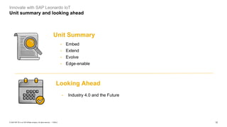 12PUBLIC© 2020 SAP SE or an SAP affiliate company. All rights reserved. ǀ
• Embed
• Extend
• Evolve
• Edge-enable
Looking Ahead
• Industry 4.0 and the Future
Unit Summary
Innovate with SAP Leonardo IoT
Unit summary and looking ahead
 