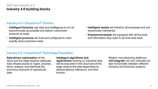 2PUBLIC© 2020 SAP SE or an SAP affiliate company. All rights reserved. ǀ
SAP and Industry 4.0
Industry 4.0 building blocks
Industry 4.0 / Industrial IoT Themes:
▪ Intelligent factories use data and intelligence to run as
autonomously as possible and deliver customized
products at scale.
▪ Intelligent products are built and configured to meet
exactly what customers need.
▪ Intelligent assets are linked to all processes and are
dynamically maintained.
▪ Empowered people are equipped with all the tools
and information they need to do their best work.
Data-driven optimization at the
cloud and the edge requires adequate
data infrastructures to ingest, process,
store, analyze, and distribute the
enormous amounts of operational
data.
Intelligent algorithms and
applications working on industrial data
will be executed in the cloud and at the
edge close to the data depending on
desired latency, relevance, and time
horizon.
Modern manufacturing platforms
will integrate not only vertically but
also horizontally between different
domains and business systems.
Industry 4.0 / Industrial IoT Technology Foundation:
 