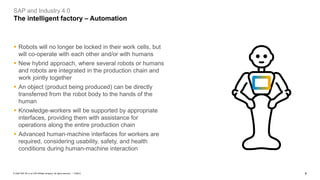 6PUBLIC© 2020 SAP SE or an SAP affiliate company. All rights reserved. ǀ
SAP and Industry 4.0
The intelligent factory – Automation
▪ Robots will no longer be locked in their work cells, but
will co-operate with each other and/or with humans
▪ New hybrid approach, where several robots or humans
and robots are integrated in the production chain and
work jointly together
▪ An object (product being produced) can be directly
transferred from the robot body to the hands of the
human
▪ Knowledge-workers will be supported by appropriate
interfaces, providing them with assistance for
operations along the entire production chain
▪ Advanced human-machine interfaces for workers are
required, considering usability, safety, and health
conditions during human-machine interaction
 