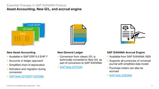 7
PUBLIC
© 2019 SAP SE or an SAP affiliate company. All rights reserved. ǀ
Essential Changes in SAP S/4HANA Finance
Asset Accounting, New G/L, and accrual engine
New Asset Accounting
▪ Available in SAP ERP 6.0 EHP 7
▪ Accounts or ledger approach
▪ Simplified chart of deprecation
▪ Activation and migration during
conversion
▪ SAP Note 2270387/ 2270388
Local GAAP
US GAAP
xxx xxx xxx
IFRS
SAP S/4HANA Accrual Engine
▪ Available from SAP S/4HANA 1809
▪ Supports all currencies of universal
journal with simplified data model
▪ Purchase orders can also be
accrued
▪ SAP Note 2582884
New General Ledger
▪ Conversion from classic G/L is
technically converted to New G/L as
part of conversion to SAP S/4HANA
▪ SAP Note 2270339
 