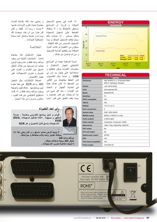 ‫و ينتهي بعد ذلك بقائمة قنوات‬        ‫اذا كنت في وضع التسجيل‬                                                      ‫‪ENERGY‬‬
‫مجنونة حيث تكون الترددات نفسها‬      ‫المؤقت و قررت ان البرنامج‬                                                       ‫‪DIAGRAM‬‬
‫؟ حسنا ، ربما انا فقط. و لكن‬        ‫يستحق االحتفاظ به ، ال يمكنك‬
‫كن حذ را من ان هذه سيحدث لك‬         ‫الضغط على تسجيل لتسجيله‬
‫يوما ما و عندها ستتذكر أخذ نسخة‬     ‫بشكل مستمر . اذا حاولت ذلك‬                                 ‫‪Apparent Power‬‬


              ‫احتياطية للبيانات .‬   ‫سيتم ايقاف التسجيل المؤقت و يبدأ‬
                                    ‫التسجيل المستمر من تلك النقطة .‬
                   ‫الخالصة‬          ‫سيكون من االفضل لو كانت المواد‬
                                    ‫المؤقتة يتم حفظها كبداية للتسجيل‬                           ‫‪Active Power‬‬


‫جهاز االستقبال هذا مفاجأة‬                  ‫و من ثم تواصل من هناك .‬                                                               ‫‪Mode‬‬      ‫‪Apparent Active Factor‬‬
                                                                                                                                 ‫‪StandBy‬‬   ‫‪30 W‬‬     ‫‪14 W‬‬   ‫64.0‬
‫تماما . المخاوف االولية من وجود‬                                                                                                  ‫‪Reception 42 W‬‬     ‫‪19 W‬‬   ‫54.0‬

‫موالف واحد فقط و عدم وجود قرص‬       ‫لمسة اضافية مفيدة ان البرنامج‬
‫صلب تم تسويتها من خالل التنقل‬       ‫التشغيلي لجهاز االستقبال و‬
‫السهل بين القوائم و القدرة على‬      ‫معلومات القنوات يمكن حفظها و‬
‫تحويل و تحرير التسجيالت على‬         ‫استعادتها على جهاز يو اس بي‬
                ‫جهاز الكمبيوتر .‬    ‫‪ USB‬و تماما مثل الكمبيوتر‬                                                 ‫‪TECHNICAL‬‬
                                                                                                                        ‫‪DATA‬‬
‫اضافة االبتكا رات مثل تشغيل‬         ‫فان الحفظ يخلصك من الكثير‬               ‫‪Distributor‬‬                   ‫,6464 ‪ABC BIZNIS s.r.o., Krušovská‬‬

‫‪ AVI‬ودعم ‪ SCR‬هى حقا مفيدة‬           ‫من الضغط اذا كان هناك خطأ‬                                             ‫‪955 01 Topoľčany, Slovakia‬‬
                                                                            ‫‪Tel/Fax‬‬                       ‫8053135 83 124+‬
‫لمن يستخدمها . هناك قيود واضحة‬      ‫في تحديث الجهاز او البحث‬
                                                                            ‫‪www‬‬                           ‫‪www.opensat.info‬‬
‫بوجود موالف واحد فقط و اذا كنت‬      ‫عن القنوات ، بعد كل شيئ من‬
                                                                            ‫‪Model‬‬                         ‫‪9900HDPVR‬‬
‫تستطيع التغاضي عن هذه القيود ،‬      ‫منا لم يبحث عن قمر هوتبيرد و‬            ‫‪Satellites‬‬                    ‫07‬
  ‫ستكون مسرورا من هذا الجهاز .‬      ‫بينما يقف الطبق على قمر است را‬          ‫‪SCPC compatible‬‬               ‫‪Yes‬‬

                                                                            ‫‪USALS‬‬                         ‫‪Yes‬‬
                                                                            ‫‪DiSEqC‬‬                        ‫3.1/2.1/1.1/0.1‬

                            ‫رأي احد الخبراء‬                                 ‫‪Scart connectors‬‬              ‫2‬
                                         ‫+‬                                  ‫‪Symbol rates‬‬                  ‫00054-0001 :‪DVB‬‬
  ‫قوائم و دليل برنامج الكتروني واضحة ، حسنة‬                                 ‫‪MPEG2 modes‬‬                   ‫462.‪MPEG-2, MPEG-4, H‬‬
  ‫المظهر و بديهية . اعادة تشغيل تسجيالت ,‪DIVX‬‬                               ‫‪Audio outputs‬‬                 ‫(‪2 )left & right‬‬
                                       ‫‪XVID‬‬                                 ‫‪Video outputs‬‬                 ‫‪Composite, Component, HDMI‬‬
      ‫التسجيالت بنسق قابل للتحويل و هو ‪SCR‬‬
                                                                            ‫‪Resolutions‬‬                   ‫‪1080i, 720p, 480p/576p, 480/576i‬‬

                                               ‫-‬
                                                      ‫‪Andy Middleton‬‬
                                                        ‫‪TELE-satellite‬‬      ‫‪UHF output‬‬                    ‫‪No‬‬
                                                          ‫‪Test Center‬‬
  ‫ال يوجد قرص صلب مدمج – و لكن يعني هذا انه‬                       ‫‪UK‬‬        ‫‪0/12 volt output‬‬              ‫‪No‬‬

         ‫يمكنك اختيار واحد يالئم حاجاتك و ميزانيتك .‬                        ‫‪Digital audio output‬‬          ‫‪S/PDIF‬‬

                                                  ‫موالف واحد فقط‬            ‫‪EPG‬‬                           ‫‪Yes‬‬
                                   ‫تتوفر فقط سبعة مدخالت مؤقت .‬             ‫‪C/Ku-band compatible‬‬          ‫‪Yes‬‬
                               ‫ال توجد امكانية تحرير التسجيالت .‬            ‫‪Power supply‬‬                  ‫‪100-240V AC‬‬




                                                                   ‫— 0102/90-80 — ‪www.TELE-satellite.com‬‬             ‫‪TELE-satellite — Global Digital TV Magazine‬‬    ‫73‬
 