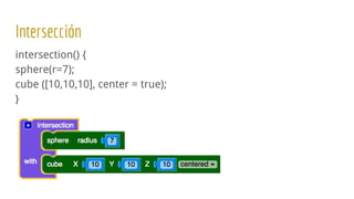 Intersección
intersection() {
sphere(r=7);
cube ([10,10,10], center = true);
}
 