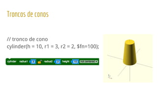 Troncos de conos
// tronco de cono
cylinder(h = 10, r1 = 3, r2 = 2, $fn=100);
 