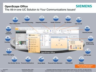 OpenScape Office
       The All-in-one UC Solution to Your Communications Issues!



                                       Live Call Recording     Integrated Presence         Visible Voicemail           Fax Mailbox
                  Web-Collaboration                                                                                                        Call Journal




          Outlook                                                                                                                                         Directory Access
        Integration




      Favorites                                                                                                                                                  Drag & Drop
                                                                                                                                                                 Conferencing




                                                                        OpenScape Office
    Instant Messaging                                                                                                                                       Call Pop-ups




                One Number Service    Personal Notifications      Social Media        Personal Auto-Attendant           Click-to-Dial              Mobility

                                                                                                                                                Click on the different features
                                                                                                                                                 Click on the different features
                                                                                                                                                    to get more information
                                                                                                                                                     to get more information

   April 2012                         OpenScape Office V3R3                         Copyright © Siemens Enterprise Communications GmbH and Co. KG 2012. All rights reserved.
Page 12                               Customer Presentation                      Siemens Enterprise Communications GmbH and Co. KG is a Trademark Licensee of Siemens AG
 