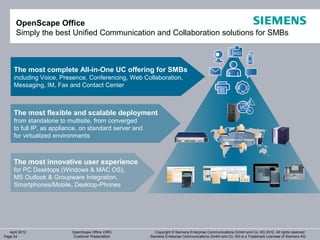 OpenScape Office
       Simply the best Unified Communication and Collaboration solutions for SMBs



     The most complete All-in-One UC offering for SMBs
     including Voice, Presence, Conferencing, Web Collaboration,
     Messaging, IM, Fax and Contact Center



     The most flexible and scalable deployment
     from standalone to multisite, from converged
     to full IP, as appliance, on standard server and
     for virtualized environments



     The most innovative user experience
     for PC Desktops (Windows & MAC OS),
     MS Outlook & Groupware Integration,
     Smartphones/Mobile, Desktop-Phones




   April 2012             OpenScape Office V3R3            Copyright © Siemens Enterprise Communications GmbH and Co. KG 2012. All rights reserved.
Page 54                   Customer Presentation         Siemens Enterprise Communications GmbH and Co. KG is a Trademark Licensee of Siemens AG
 