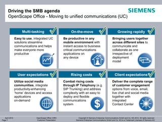 Driving the SMB agenda
       OpenScape Office - Moving to unified communications (UC)


                     Multi-tasking                         On-the-move                                        Growing rapidly
                Easy to use, integrated UC            Be productive in any                              Bringing users together
                solutions streamline                  mobile environment with                           across different sites to
                communications and helps              instant access to business                        communicate and
                make everyone more                    critical communications                           collaborate as one
                productive                            applications on                                   irrespective of
                                                      any device                                        deployment
                                     System
                                                                                                        model
                                     Capacity




                  User expectations                        Rising costs                                   Client expectations
                Utilize social media                  Combat rising costs                              Deliver the complete range
                communities, integrate                through IP Telephony (e.g.                       of customer engagement
                productivity-enhancing                SIP Trunking) and address                        options from voice, email,
                ‘home’ devices and access             complexity with an easy to                       live chat and social media
                applications                          deploy and flexible                              together with
                on-demand                             communications                                   integrated
                                                      system                                           Contact Center



   April 2012                 OpenScape Office V3R3              Copyright © Siemens Enterprise Communications GmbH and Co. KG 2012. All rights reserved.
Page 7                        Customer Presentation           Siemens Enterprise Communications GmbH and Co. KG is a Trademark Licensee of Siemens AG
 