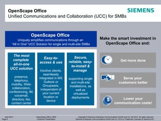 OpenScape Office
       Unified Communications and Collaboration (UCC) for SMBs



                        OpenScape Office
                 Uniquely simplifies communications through an                        Make the smart investment in
           “All in One” UCC Solution for single and multi-site SMBs                     OpenScape Office and:


          The most
                                 Easy-to-                Secure,
          complete                                                                                            Get more done
                               access & use          reliable, easy-
          all-in-one
                                                       to-install &
         UCC solution
                                Intuitive clients,      manage
                                  seamlessly
            presence,          integrated in MS                                                               Serve your
                                                     supporting single
            telephony,             Outlook or
         mobility, Web-
                                                       and multi-site                                       customers better
                                  Groupware,          installations, as
          collaboration,        independent of             well as
        conferencing, IM,         your current           virtualized
            voicemail,             location or          deployments                                        Lower your
          directory, fax,            device
         contact center                                                                                communication costs!


   April 2012               OpenScape Office V3R3            Copyright © Siemens Enterprise Communications GmbH and Co. KG 2012. All rights reserved.
Page 9                      Customer Presentation         Siemens Enterprise Communications GmbH and Co. KG is a Trademark Licensee of Siemens AG
 