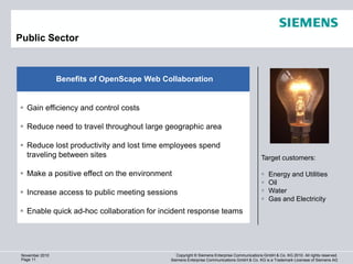 Public Sector                                                                                                1280 x 720 (920.000)



                 Benefits of OpenScape Web Collaboration


 Gain efficiency and control costs

 Reduce need to travel throughout large geographic area

 Reduce lost productivity and lost time employees spend
  traveling between sites                                                                    Target customers:

 Make a positive effect on the environment                                                     Energy and Utilities
                                                                                                Oil
 Increase access to public meeting sessions                                                    Water
                                                                                                Gas and Electricity
 Enable quick ad-hoc collaboration for incident response teams




 November 2010                                  Copyright © Siemens Enterprise Communications GmbH & Co. KG 2010. All rights reserved.
 Page 11                                     Siemens Enterprise Communications GmbH & Co. KG is a Trademark Licensee of Siemens AG
 