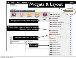 Widgets & Layout


                    Conﬁgurable, custom list of posts


                Embed videos, images or external widgets
                                from any other web site.



                               Create slideshows on the ﬂy


                                                Get social




Wednesday, February 20, 2013
 