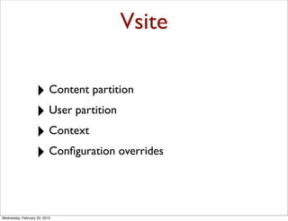 Vsite

                   ‣ Content partition
                   ‣ User partition
                   ‣ Context
                   ‣ Conﬁguration overrides


Wednesday, February 20, 2013
 