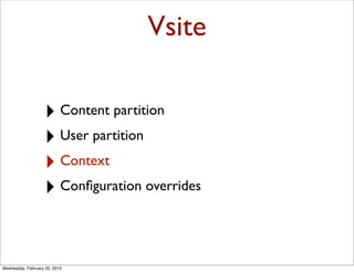 Vsite

                   ‣ Content partition
                   ‣ User partition
                   ‣ Context
                   ‣ Conﬁguration overrides


Wednesday, February 20, 2013
 