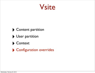 Vsite

                   ‣ Content partition
                   ‣ User partition
                   ‣ Context
                   ‣ Conﬁguration overrides


Wednesday, February 20, 2013
 