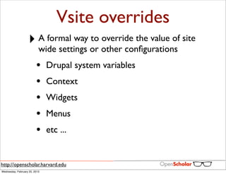 Vsite overrides
                   ‣ A formal way to override the value of site
                           wide settings or other conﬁgurations
                         •     Drupal system variables
                         •     Context
                         •     Widgets
                         •     Menus
                         •     etc ...


http://openscholar.harvard.edu
Wednesday, February 20, 2013
 
