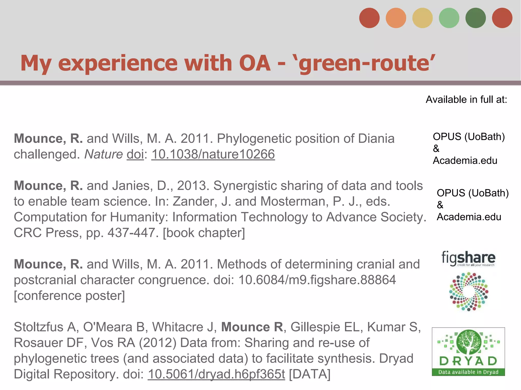 My experience with OA - ‘green-route’ 
Available in full at: 
Mounce, R. and Wills, M. A. 2011. Phylogenetic position of Diania 
challenged. Nature doi: 10.1038/nature10266 
Mounce, R. and Janies, D., 2013. Synergistic sharing of data and tools 
to enable team science. In: Zander, J. and Mosterman, P. J., eds. 
Computation for Humanity: Information Technology to Advance Society. 
CRC Press, pp. 437-447. [book chapter] 
Mounce, R. and Wills, M. A. 2011. Methods of determining cranial and 
postcranial character congruence. doi: 10.6084/m9.figshare.88864 
[conference poster] 
Stoltzfus A, O'Meara B, Whitacre J, Mounce R, Gillespie EL, Kumar S, 
Rosauer DF, Vos RA (2012) Data from: Sharing and re-use of 
phylogenetic trees (and associated data) to facilitate synthesis. Dryad 
Digital Repository. doi: 10.5061/dryad.h6pf365t [DATA] 
OPUS (UoBath) 
& 
Academia.edu 
OPUS (UoBath) 
& 
Academia.edu 
 