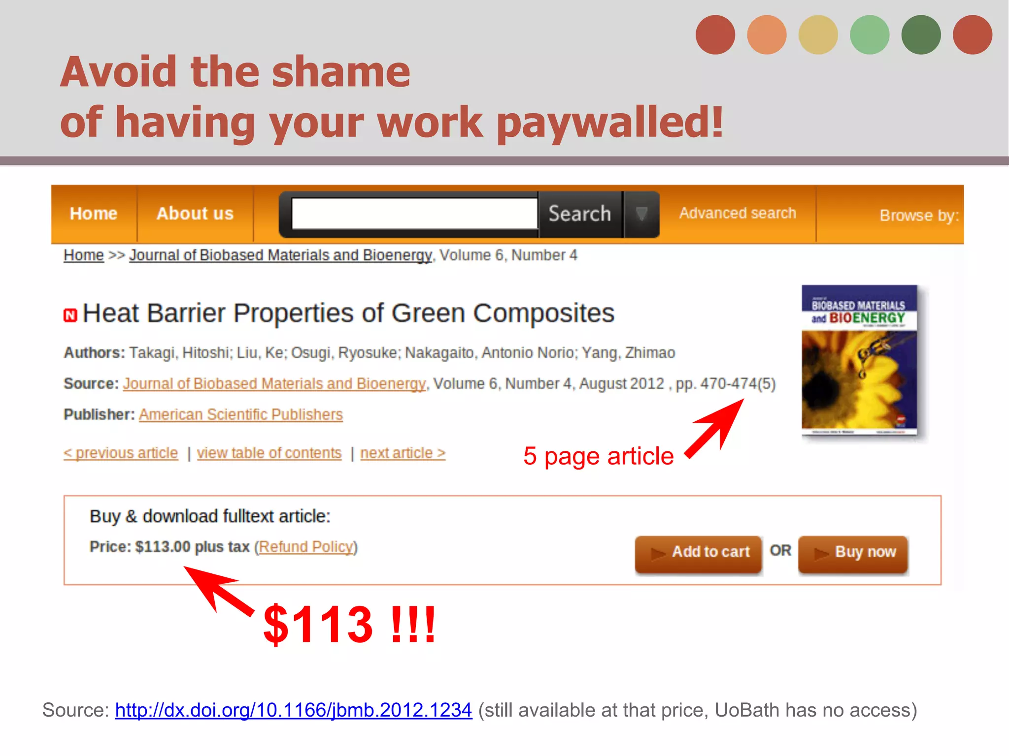 Avoid the shame 
of having your work paywalled! 
$113 !!! 
5 page article 
Source: http://dx.doi.org/10.1166/jbmb.2012.1234 (still available at that price, UoBath has no access) 
 