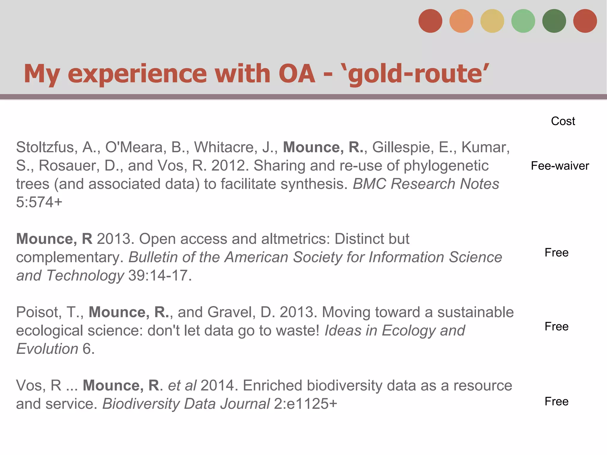 My experience with OA - ‘gold-route’ 
Stoltzfus, A., O'Meara, B., Whitacre, J., Mounce, R., Gillespie, E., Kumar, 
S., Rosauer, D., and Vos, R. 2012. Sharing and re-use of phylogenetic 
trees (and associated data) to facilitate synthesis. BMC Research Notes 
5:574+ 
Mounce, R 2013. Open access and altmetrics: Distinct but 
complementary. Bulletin of the American Society for Information Science 
and Technology 39:14-17. 
Poisot, T., Mounce, R., and Gravel, D. 2013. Moving toward a sustainable 
ecological science: don't let data go to waste! Ideas in Ecology and 
Evolution 6. 
Vos, R ... Mounce, R. et al 2014. Enriched biodiversity data as a resource 
and service. Biodiversity Data Journal 2:e1125+ 
Cost 
Fee-waiver 
Free 
Free 
Free 
 