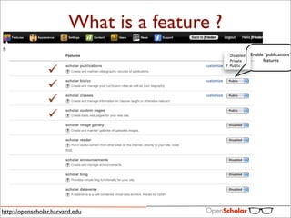 What is a feature ?
                                               Enable “publications”
                                                     features




http://openscholar.harvard.edu
 