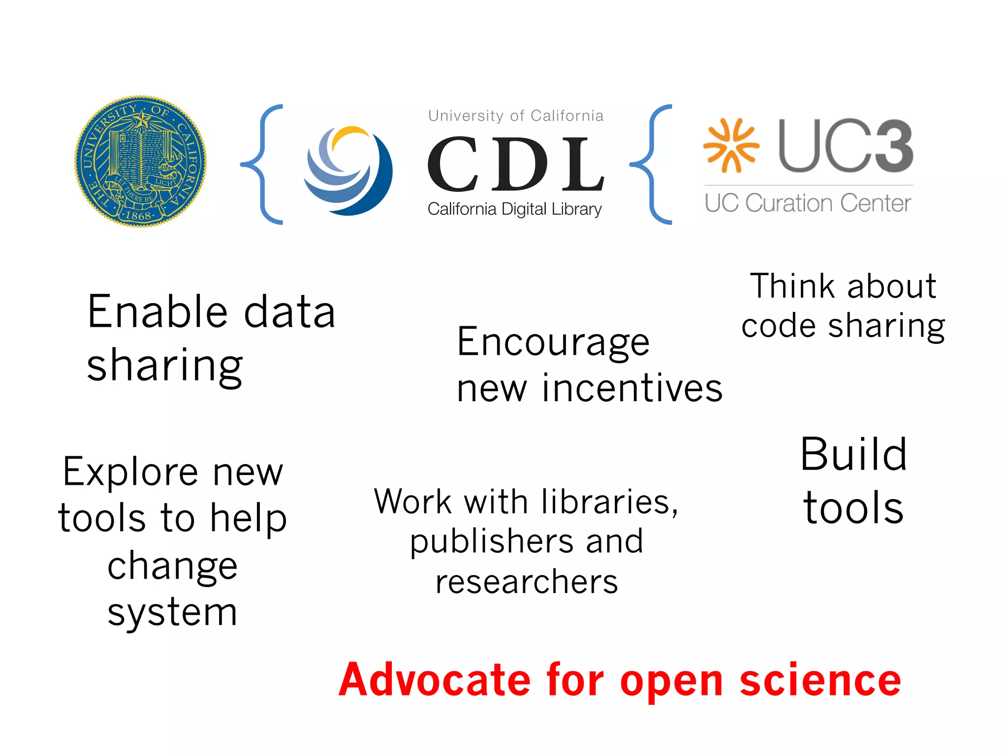 Enable data
sharing
Encourage
new incentives
Think about
code sharing
Work with libraries,
publishers and
researchers
Explore new
tools to help
change
system
Build
tools
Advocate for open science
 