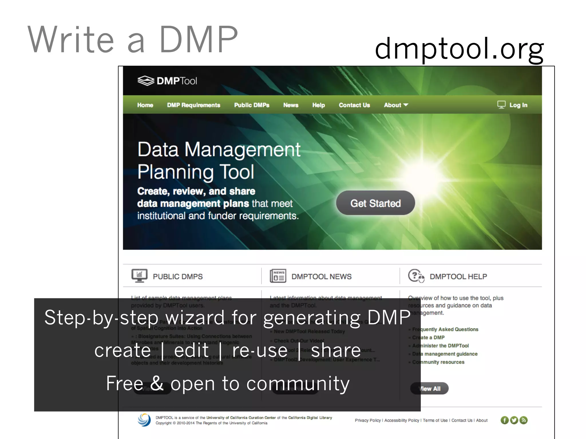 Step-by-step wizard for generating DMP
create | edit | re-use | share
Free & open to community
dmptool.orgWrite a DMP
 