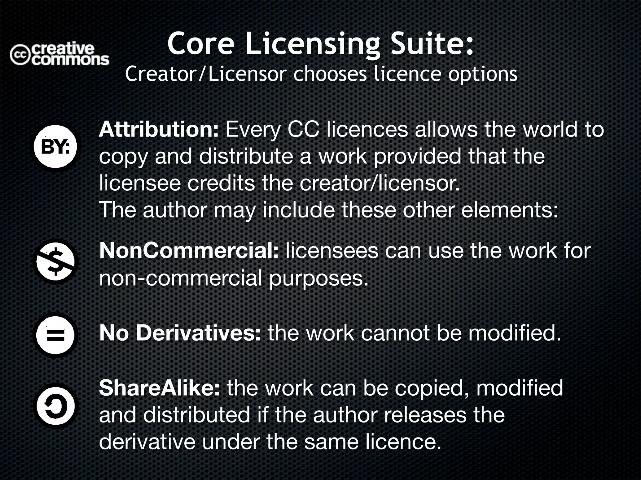Core Licensing Suite:
  Creator/Licensor chooses licence options

Attribution: Every CC licences allows the world to
copy and distribute a work provided that the
licensee credits the creator/licensor.
The author may include these other elements:
NonCommercial: licensees can use the work for
non-commercial purposes.

No Derivatives: the work cannot be modiﬁed.

ShareAlike: the work can be copied, modiﬁed
and distributed if the author releases the
derivative under the same licence.
 