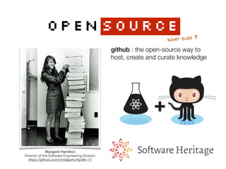 OPENSOURCE
WHAT ELSE ?
github : the open-source way to
host, create and curate knowledge
Margaret Hamilton
Director of the Software Engineering Division 
https://github.com/chrislgarry/Apollo-11
 