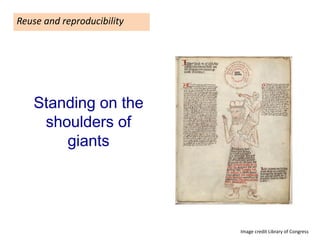 Standing on the
shoulders of
giants
Reuse and reproducibility
Image credit Library of Congress
 