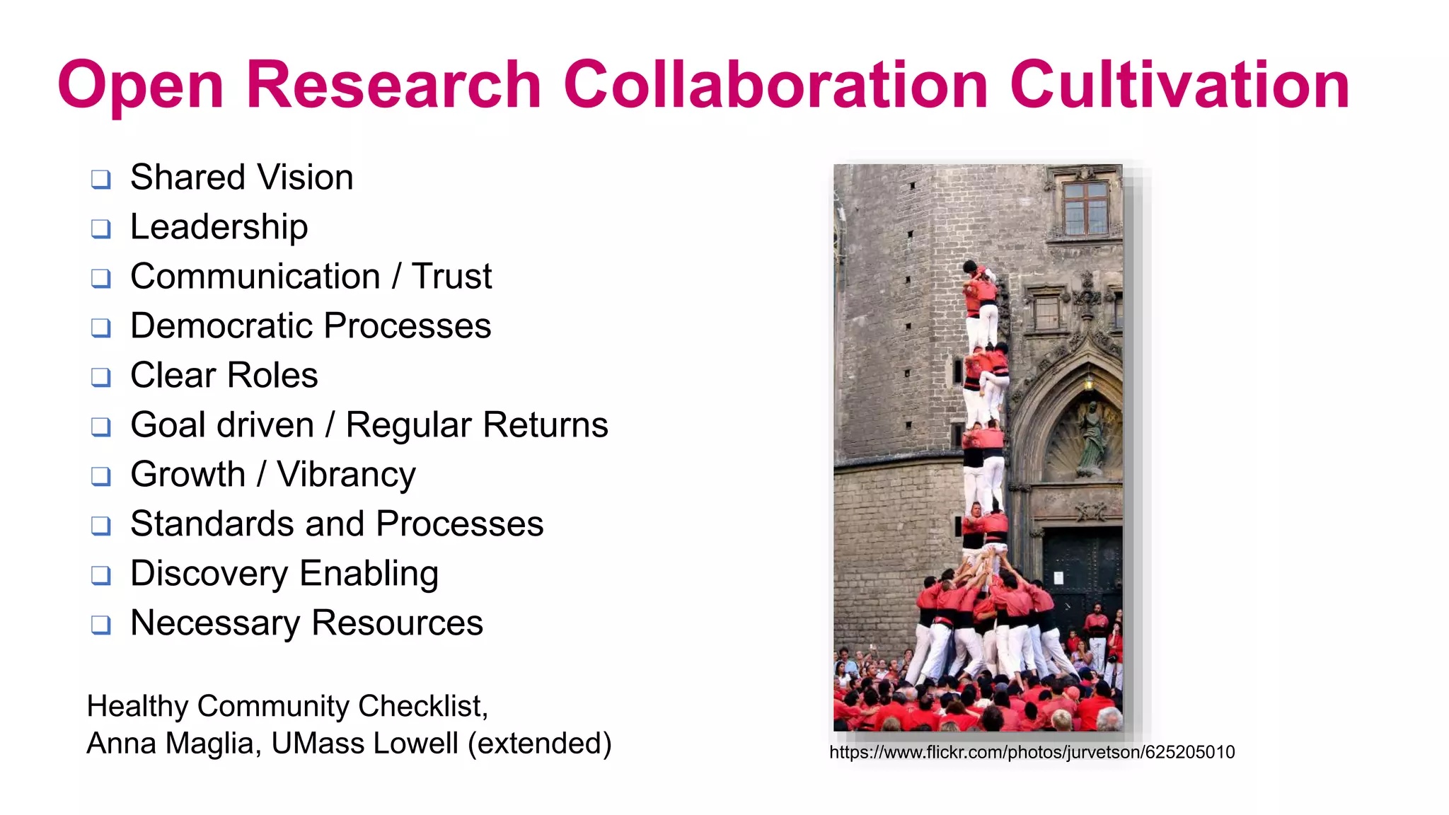 Open Research Collaboration Cultivation
Healthy Community Checklist,
Anna Maglia, UMass Lowell (extended)
❑ Shared Vision
❑ Leadership
❑ Communication / Trust
❑ Democratic Processes
❑ Clear Roles
❑ Goal driven / Regular Returns
❑ Growth / Vibrancy
❑ Standards and Processes
❑ Discovery Enabling
❑ Necessary Resources
https://www.flickr.com/photos/jurvetson/625205010
 