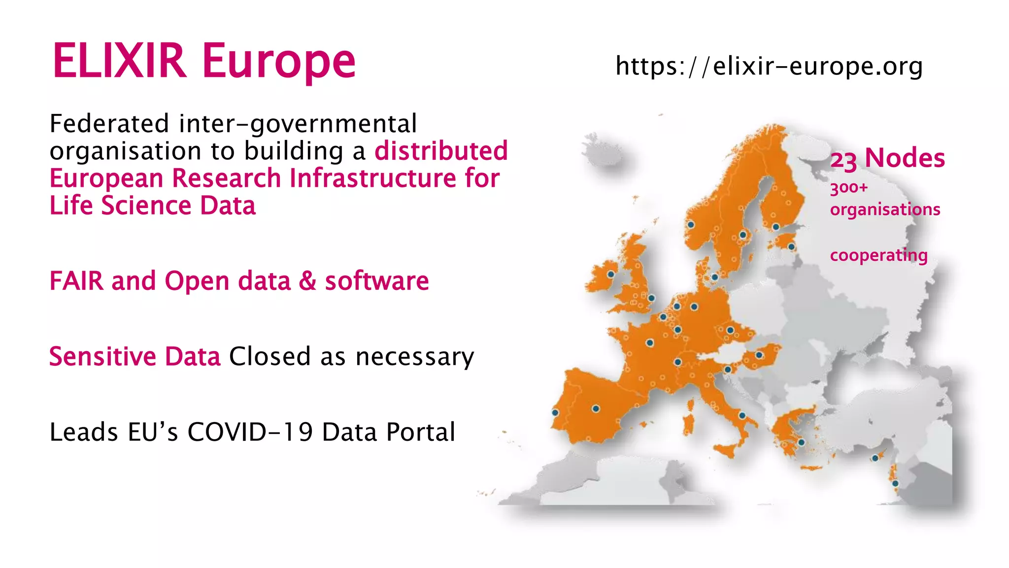 ELIXIR Europe
Federated inter-governmental
organisation to building a distributed
European Research Infrastructure for
Life Science Data
FAIR and Open data & software
Sensitive Data Closed as necessary
Leads EU’s COVID-19 Data Portal
23 Nodes
300+
organisations
cooperating
https://elixir-europe.org
 