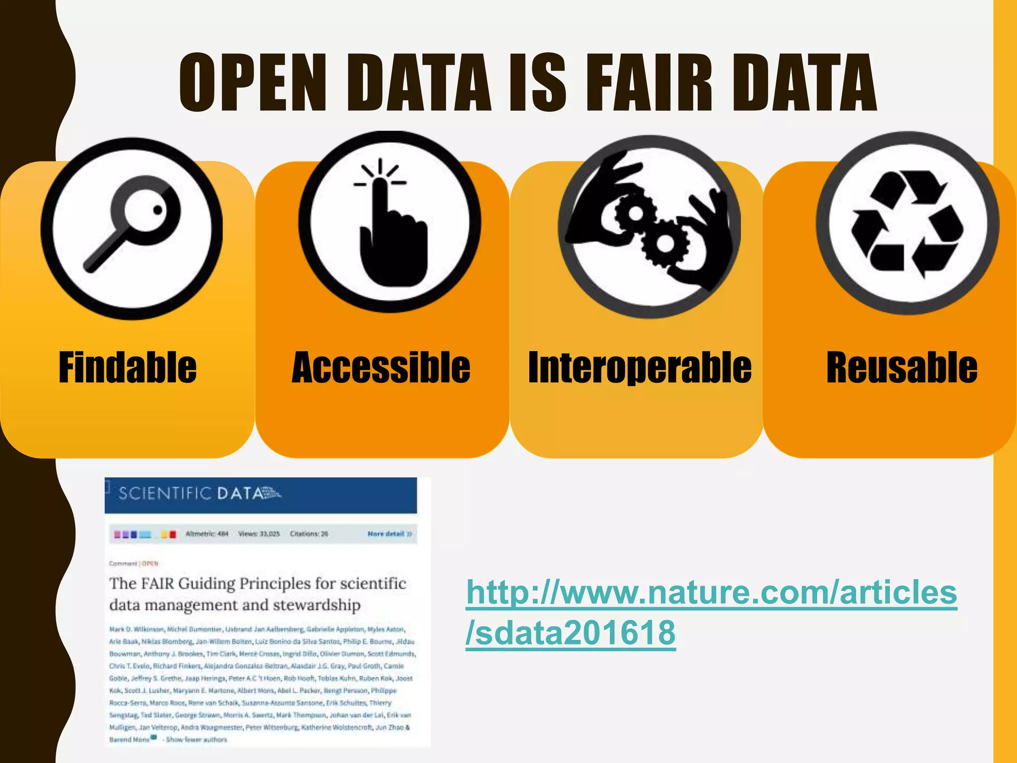 OPEN DATA IS FAIR DATA
http://www.nature.com/articles
/sdata201618
Findable Accessible Interoperable Reusable
 
