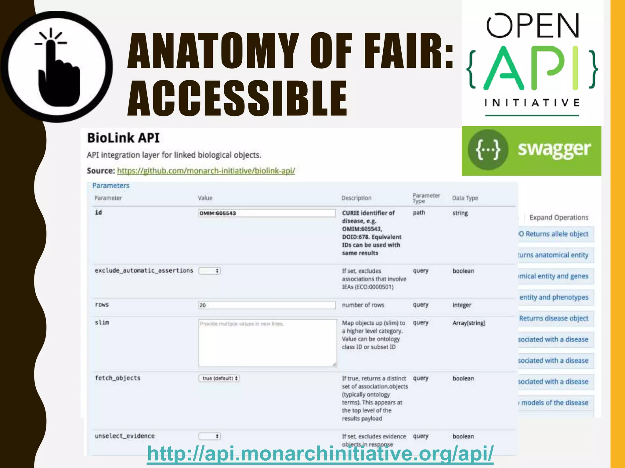 ANATOMY OF FAIR:
ACCESSIBLE
 (meta) data are openly retrievable by their
identifier using a standardized
communications protocol
 Metadata are accessible, even when the data
are no longer available
http://api.monarchinitiative.org/api/
 