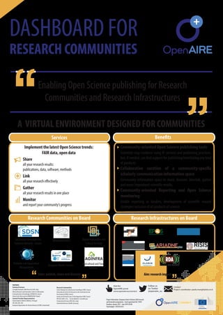 Research Infrastructures on Board
A VIRTUAL ENVIRONMENT DESIGNED FOR COMMUNITIES
Enabling Open Science publishing for Research
Communities and Research Infrastructures
Share
all your research results:
publications, data, software, methods
Link
all your research effectively
Gather
all your research results in one place
Monitor
and report your community’s progress
Services
Sustainable Development
Solutions Network - Greece
European Marine Science
Digital Humanities and
Cultural Heritage
Fisheries and Aquaculture
Management
Neuroinformatics
Agricultural and Food
Sciences
Research Communities on Board
Community-oriented Open Science publishing tools
Scientists may continue using RI services and publishing practices,
but, if needed, can find support for publishing/interlinking any kind
of products.
Collaborative curation of a community-specific
scholarly communication information space
Community information space to share, discover, interlink, gather
and reuse (reproduce) scientific results.
Community-oriented Reporting and Open Science
monitoring
Enable reporting to funders, development of scientific reward
strategies inclusive of all products of science.
Benefits
Follow us
on Twitter
@openaire_eu
Visit the
OpenAIRE portal
www.openaire.eu/connect
Contact
Project coordinator: paolo.manghi@isti.cnr.it
Project Information: European Union’s Horizon 2020 research
and innovation programme - Grant agreement No 731011
Duration: January 2017 - June 2019 (30 M)
Total budget: 1,997,837.50 €
PARTNERS
Technical Partners
Consiglio Nazionale delle Ricerche (CNR, Italy)
Athena Research and Innovation Center in Information
Communication & Knowledge (ATHENA RI, Greece)
Uniwersytet Warszawski (UNIWARSAW, Poland)
Content Provider Representatives
Universidade do Minho (UMinho, Portugal)
JISC LBG (JISC, UK)
European Organization for Nuclear Research (CERN, Switzerland)
Research Communities
Centre National de la Recherche Scientifique (CNRS, France)
International Center for Research on the Environment and
the Economy (ICRE8, Greece)
Institut de Recherche pour le Developpement (IRD, France)
PIN SOC.CONS. A R.L. - Servizi Didattici e Scientifici per
l’Università di Firenze (PIN SCRL, Italy)
Universität Bremen (UniHB, Germany)
C
M
Y
K
70
35
0
0
R
G
B
70
135
230
2746
#222080 #4687E6
279
C
M
Y
K
100
98
0
15
R
G
B
34
32
128
DASHBOARD FOR
RESEARCH COMMUNITIES
Implement the latest Open Science trends:
FAIR data, open data
Aims: publish, share and discover Aim: research impact
 